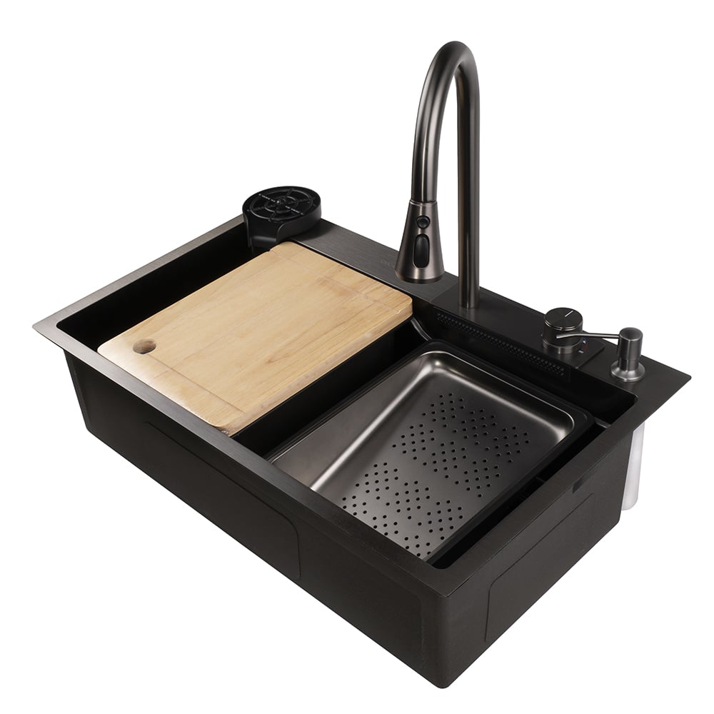 Мултифункционална мивка със сатенено покритие с PVD черно и нано покритие 75х46х21.5см