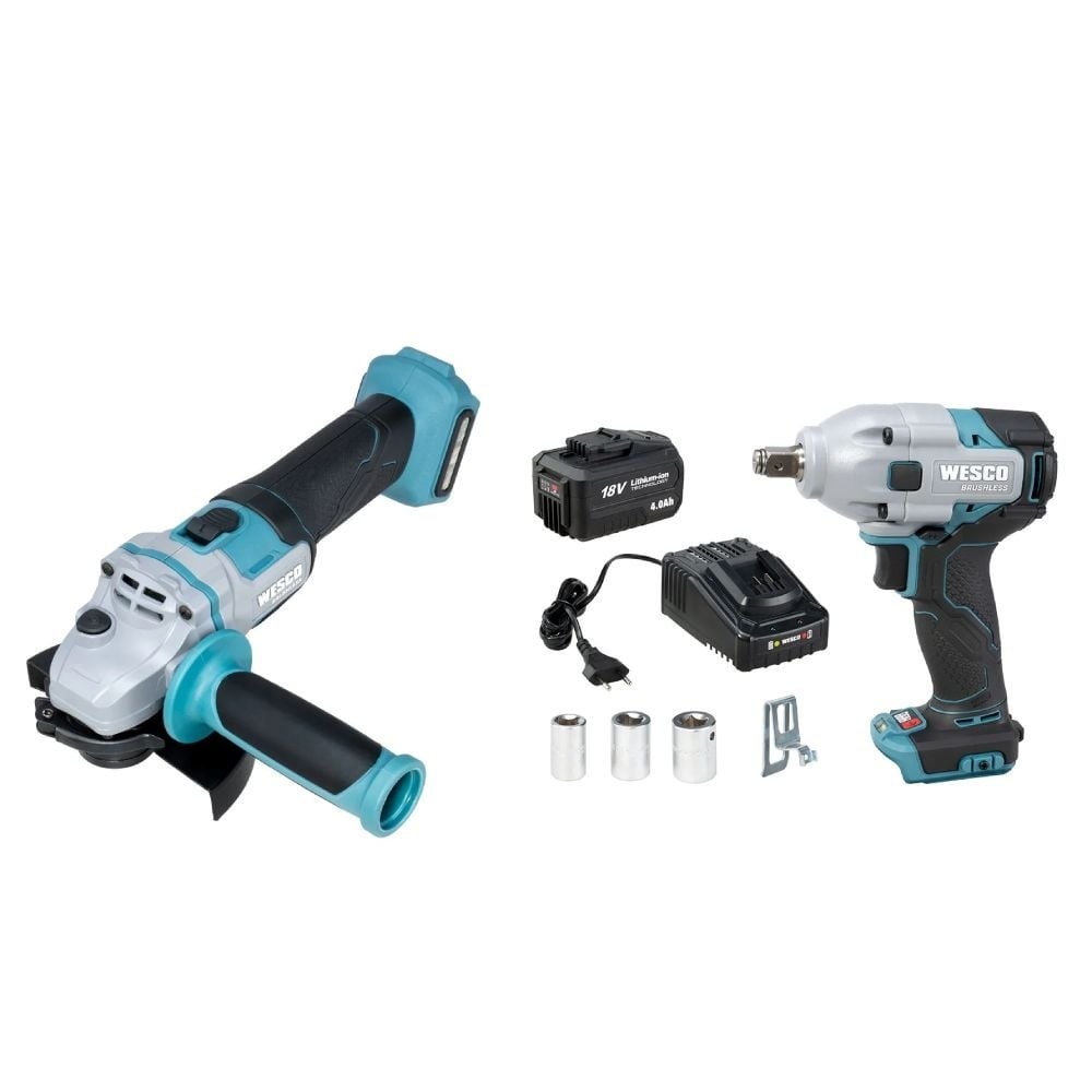 Акумулаторен ъглошлайф Wesco WS2890.9 и гайковерт WS2407 / 18V с батерия и зарядно